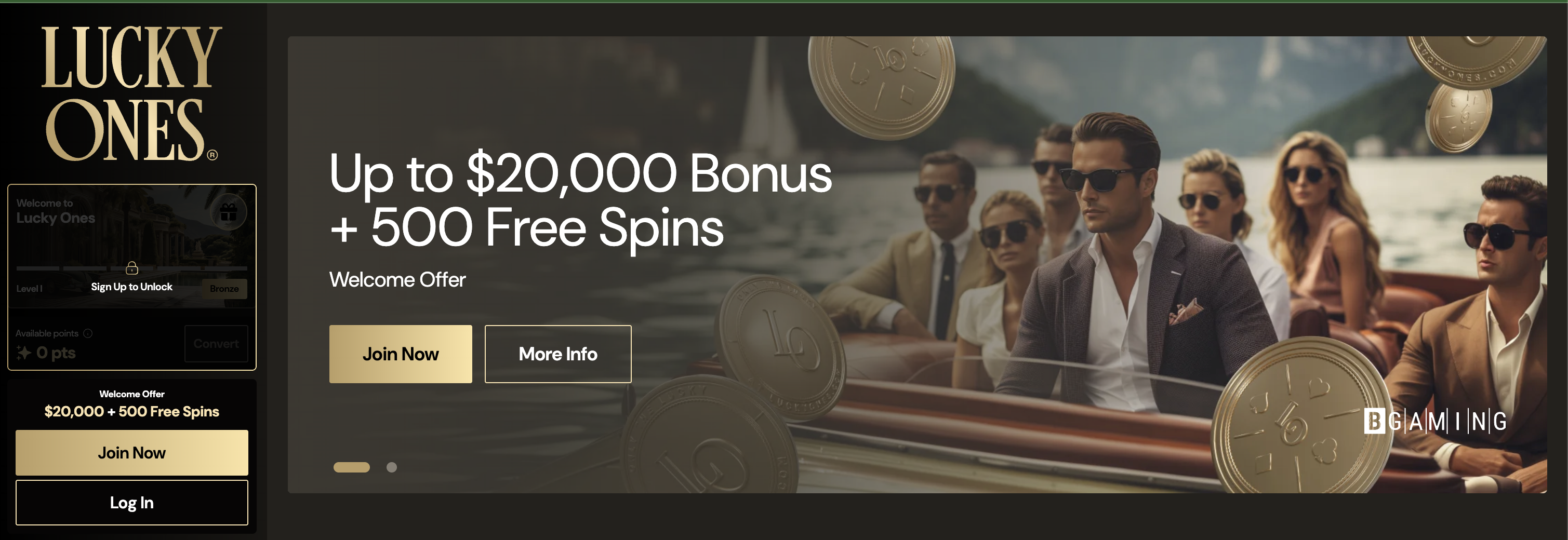 LuckyOnes welcome offer banner: up to 20,000 CAD bonus plus 500 free spins