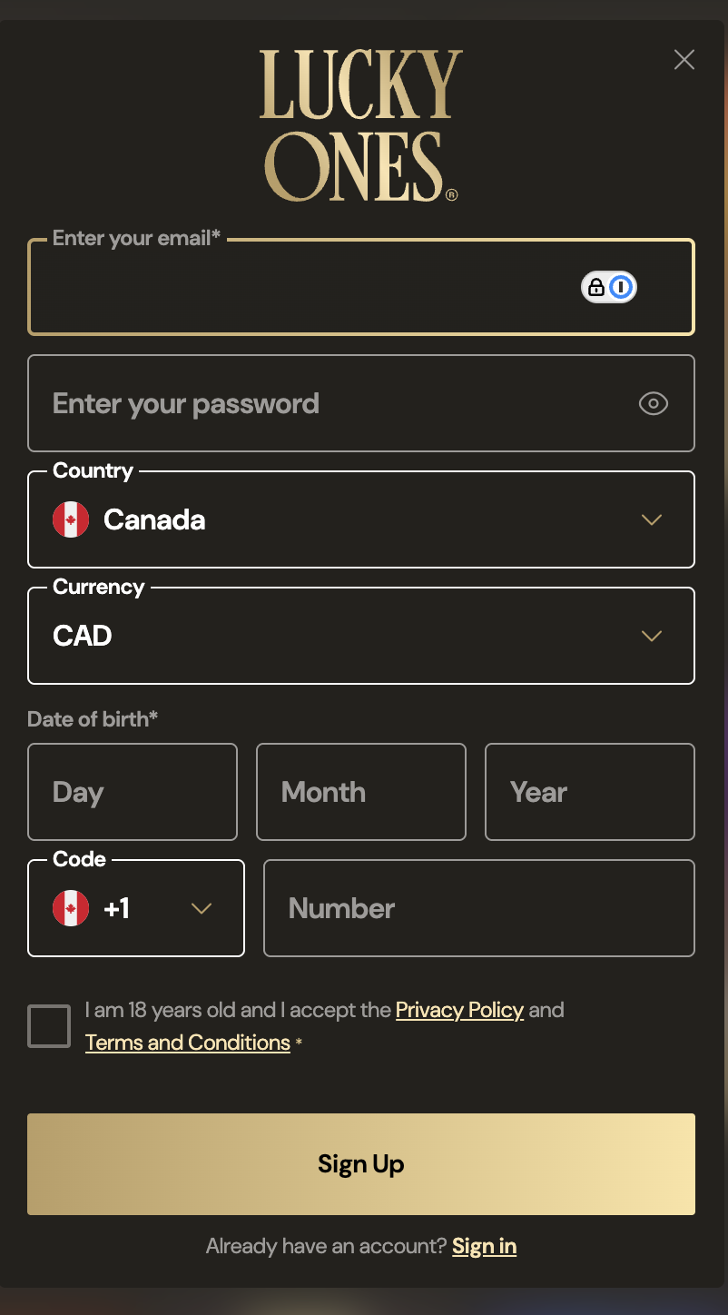 LuckyOnes Casino registration form with Canada country and CAD currency